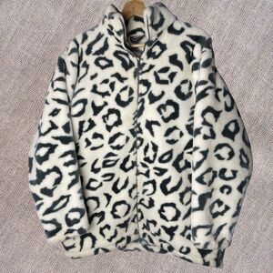 Faux Fur Snow Leopard Print Jacket Oversized Zip Up Cruella Deville Heavyweight